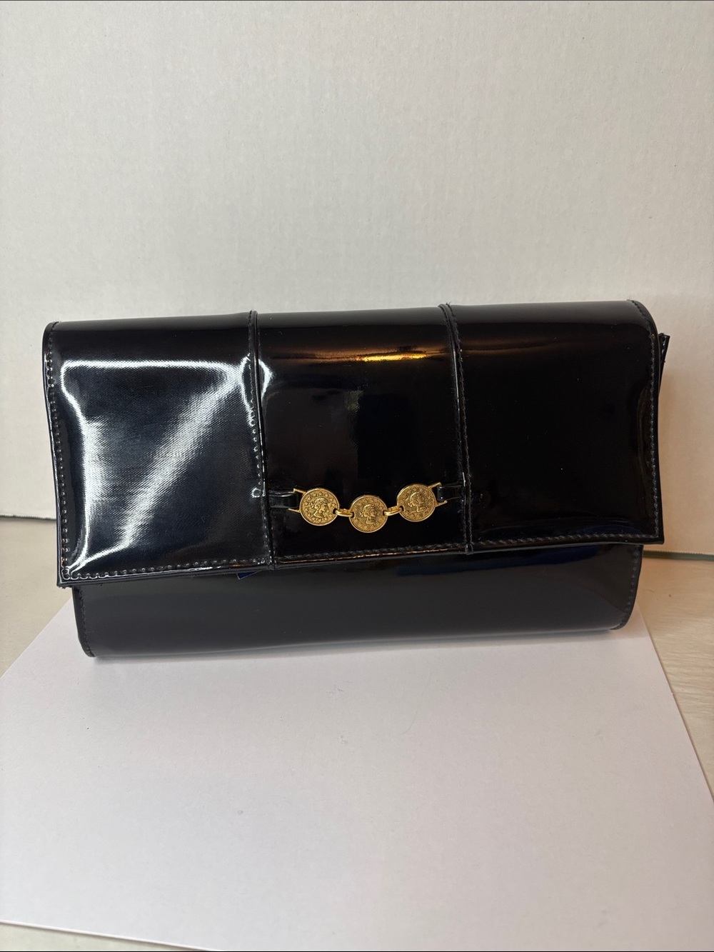 Vintage Connections Black Patent Clutch Shoulder Bag with Gold Accent